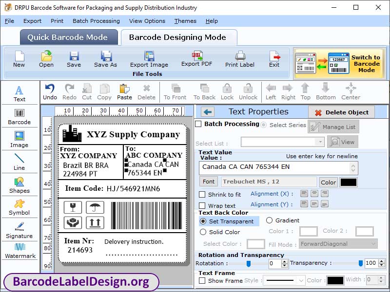 Screenshot of Barcode Labels for Packaging