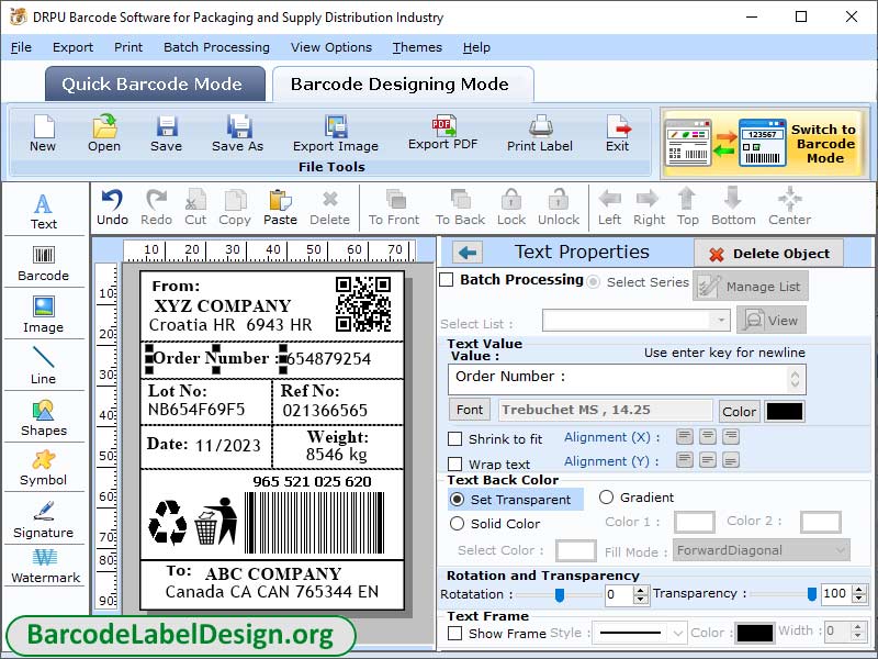Screenshot of Packaging Barcode Label Application