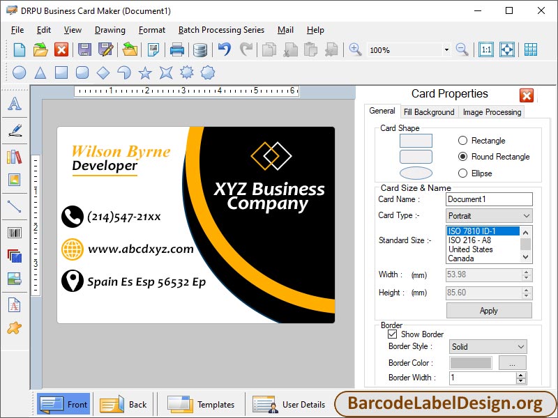 Screenshot of Business Card Designing Tool